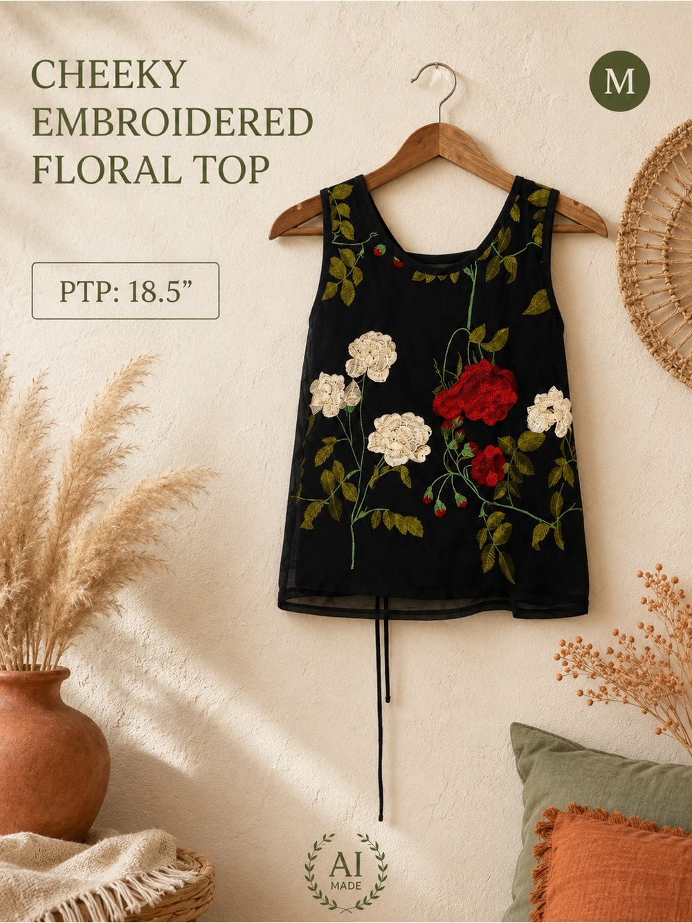 Cheeky Black Embroidered Floral Sleeveless Top Size Medium